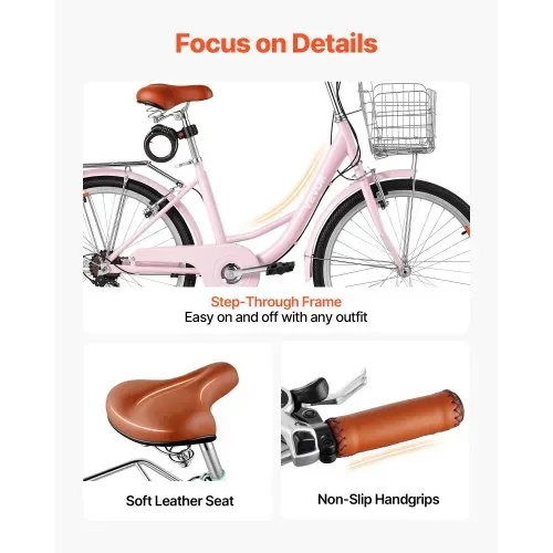 VEVOR Damenfahrrad 24 Zoll Cruiser-Fahrrad 150 kg 7-Gang Citybike Pink, für Pendelfahrten Besorgungen und Strandfahrten, mit Doppelten V-Bremsen, 50 kg Gepäckträger, Schutzblechen und Handschuhen – Bild 5