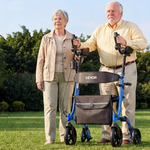 VEVOR Rollator Faltbar mit Sitz, Leichtgewicht Gehwagen mit 4 PU Reifen, Gehhilfe bis 136 kg mit Rückenlehne Tasche Gehstockhalter, Höheverstellbare Laufhilfe mit Feststellfunktion für Senioren, Blau – Bild 7