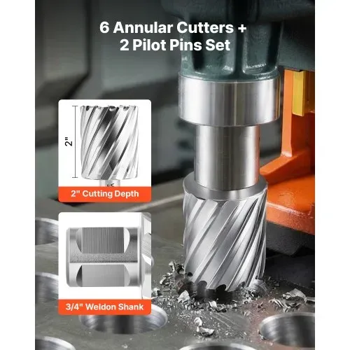 VEVOR HSS-Kernbohrer Weldon-Schaft 8-tlg. Magnetbohrer 22,22-50,8 mm Schnittdurchmesser, 6 Bohrer mit 2 Zentrierstiften, 50,8 mm Schnitttiefe, Kunststoffkoffer, für Magnetbohrmaschinen, Aluminium – Bild 2