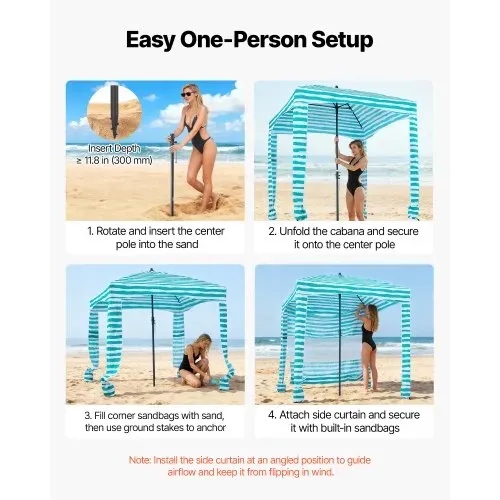 VEVOR Strand-Cabana 183 x 183 cm Strandüberdachung mit Seitenwand, UPF 50+ Sonnenschutz, Strandpavillon mit Sandsäcken, tragbarer Sonnenschutz Sonnenschirm für Familie, grüne Streifen – Bild 4