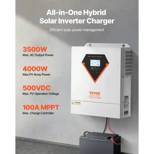 VEVOR Hybrid-Solarwechselrichter, 3500 W, All-in-One-Sinus-Wechselrichter mit Ladegerät, 24 V DC auf einphasig 220/230 V AC, mit integriertem 100-A-MPPT-Solarladeregler, für netzunabhängige Blei-Säure-Lithium-Batteriesysteme VEVOR Hybrid-Solarwechselrichter, 3500 W, All-in-One-Sinus-Wechselrichter mit Ladegerät, 24 V DC auf einphasig 220/230 V AC, mit integriertem 100-A-MPPT-Solarladeregler, für netzunabhängige Blei-Säure-Lithium-Batteriesysteme