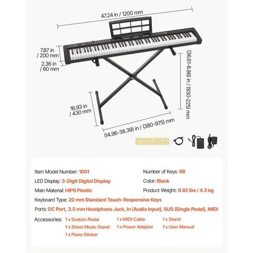 VEVOR Digitalpiano mit 88 Tasten Halbgewichtet E-Piano mit Ständer für Anfänger und Fortgeschrittene, 128 Klänge, 128 Rhythmen, HiFi-Stereolautsprecher, 3,5-mm-Kopfhörerbuchse, Sustain-Pedal – Bild 6