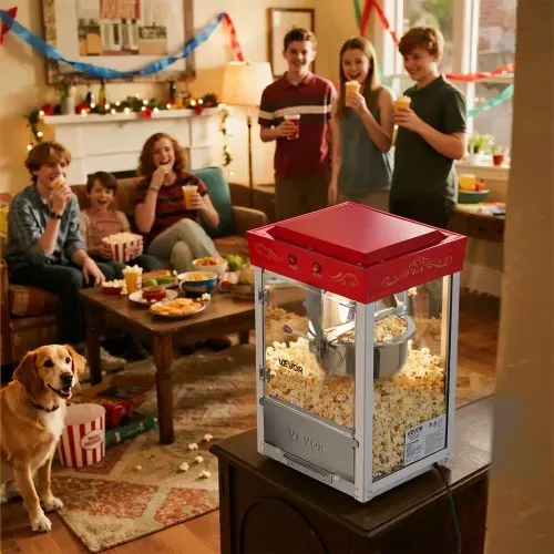 VEVOR Popcornmaschine mit Edelstahlkessel, 800 W kommerzieller Popcornmaker, 48 Tassen pro Ladung, Kinostil, mit 2-Tasten-Bedienung, Glaswand, PC-Tür, 1 Portionierer, 3 Löffel, Rot – Bild 7