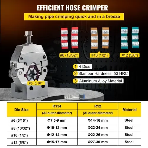 VEVOR Manuell betriebene AC-Schlauch-Crimpzange Hydra-Krimp 71550 Manuelles AC-Schlauch-Crimp-Set Klimaanlagenreparatur Handgehaltenes AC-Schlauch-Crimpwerkzeug mit 4 Matrizen – Bild 2