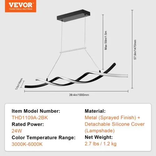VEVOR Moderne Kronleuchter-Leuchten, 24 W, dimmbare LED-Pendelleuchte mit Fernbedienung, Silikon-Lampenschirm, einstellbare Farbtemperatur 3000 K-6000 K, Deckenlampe für Küche und Esszimmer – Bild 6