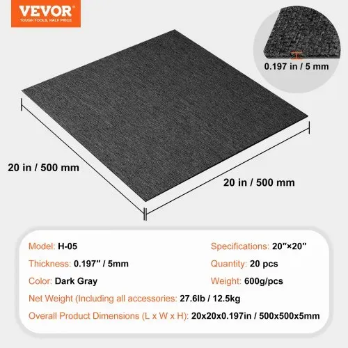 VEVOR Teppichfliesen, 500 x 500 x 5 mm, Teppichboden mit angebrachter Polsterung, weich gepolsterte Teppichfliesen, einfache DIY-Installation für Schlafzimmer und Wohnzimmer (20 Stk., Dunkelgrau) – Bild 6