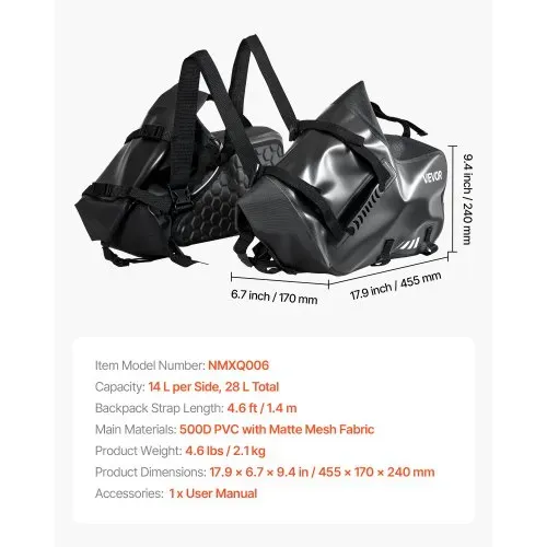 VEVOR Motorradtasche Motorrad Satteltasche 14 L x 2 wasserfest, große Seitensatteltasche für Motorradgepäck, Gepäckaufbewahrung mit unterem Gurt, Schwarz Seitentasche Outdoor Sport – Bild 6