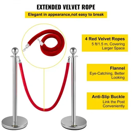 VEVOR Personenleitsystem 8 Ständer, 90 cm Gesamthöhe Absperrung, Abgrenzungsständer Leitpfosten, Absperrständer mit 1,5 M Länge Gürtel für Hochzeit Flughafen, Ständer aus Stahl und Eisen, Silber Rot – Bild 3