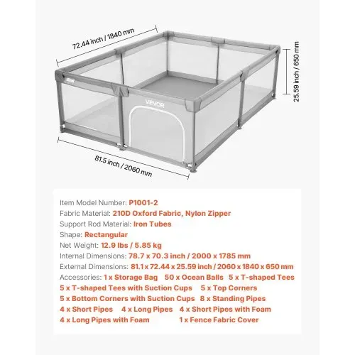 VEVOR Baby-Laufstall, 2000x1785 mm, Spielstall für Kleinkinder, Spielplatz für drinnen & draußen, Sicherheits-Aktivitätszentrum mit 50 Ozeanbällen, Tür mit Reißverschluss & atmungsaktivem Netz – Bild 6