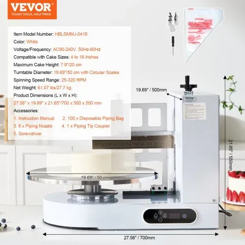 VEVOR einstellbare Tortencremestreichmaschine elektrische Tortendekorationsmaschine zum Verteilen von Kuchencreme, zum Bestreichen und Schmieren von Kuchenglasuren, für 10,16ß40,64 cm Kuchen weiß – Bild 6