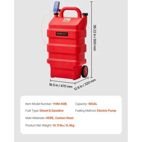 VEVOR Kraftstofftrolley, 60 L, Kraftstoffkanister mit 12 V DC Kraftstofftransferpumpe, 1,2 m Förderschlauch & Auto-Stop-Sensordüse, Tankadapter, geeignet für Diesel & Benzin, rot – Bild 6