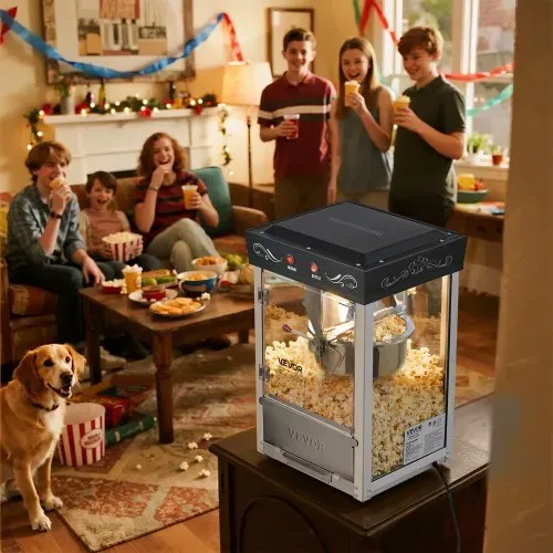VEVOR Popcornmaschine mit Edelstahlkessel, 800 W kommerzieller Popcornmaker, 48 Tassen pro Ladung, Kinostil, mit 2-Tasten-Bedienung, Glaswand, PC-Tür, 1 Portionierer, 3 Löffel, Schwarz – Bild 7