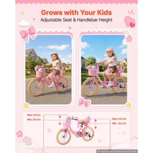 VEVOR Kinderfahrrad 18 Zoll Straßenfahrrad für 5-8 Jahre mit Ständer Rosa, Kinderrad für Mädchen, Kohlenstoffstahlrahmen, Prinzessin-Stil, Doppelbremsen, Verstellbarer Sitz, mit Puppensitz & Korb – Bild 4