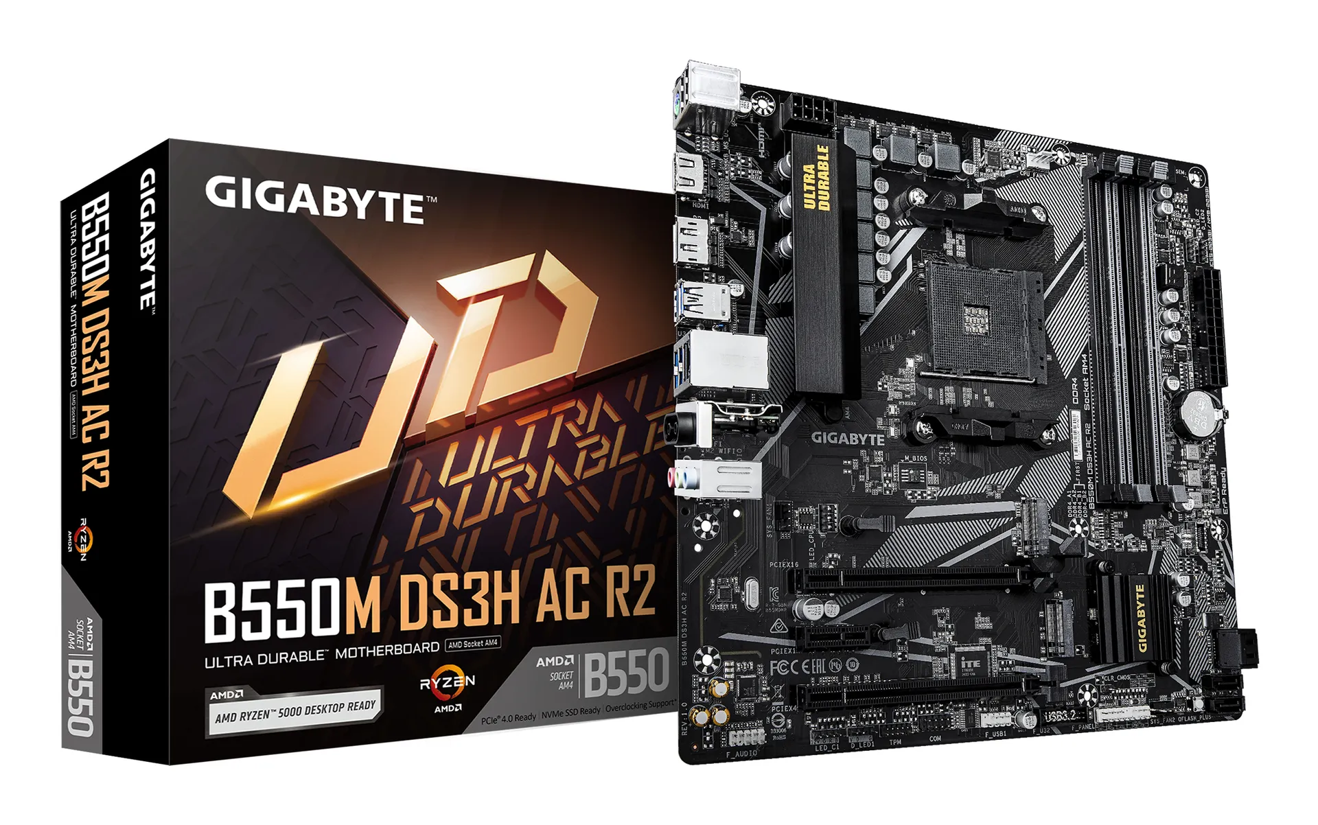 GIGABYTE B550M DS3H AC R2 Mainboard – AMD Ryzen 5000 Prozessoren, 5+3 Phasen VRM, bis zu 4733 MHz DDR4 (O.C.), 1x PCIe 4.0 + 1x PCIe 3.0 M.2, Wi-Fi 5, 1 GbE LAN, USB 3.2 Gen 1 GIGABYTE B550M DS3H AC R2 Mainboard – AMD Ryzen 5000 Prozessoren, 5+3 Phasen VRM, bis zu 4733 MHz DDR4 (O.C.), 1x PCIe 4.0 + 1x PCIe 3.0 M.2, Wi-Fi 5, 1 GbE LAN, USB 3.2 Gen 1