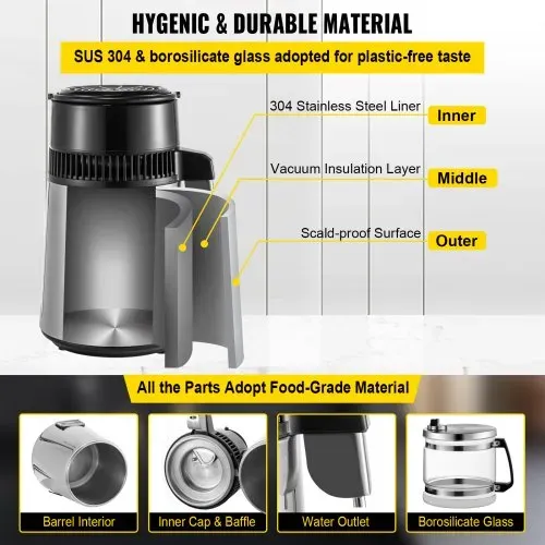 VEVOR Wasser Destilliergerät SC-3 Profi Wasserdestiller aus Edelstahl, 750 W Leistung und 4 L Fassungsvermögen Wasserdestilliergerät, für Labors, Krankenhäuser, Büros, Destillationseffizienz 1L / h – Bild 3