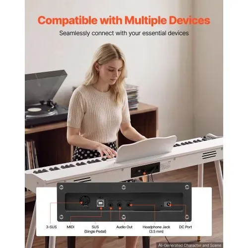 VEVOR Digitalpiano 88 Halbgewichtete Tasten in Standardgröße E-Piano Weiß für Anfänger, 600 Klangfarben, 600 Rhythmen, USB, MIDI, Audioausgang, Kopfhörerbuchse, Sustain-Pedal und HiFi-Lautsprechern – Bild 5