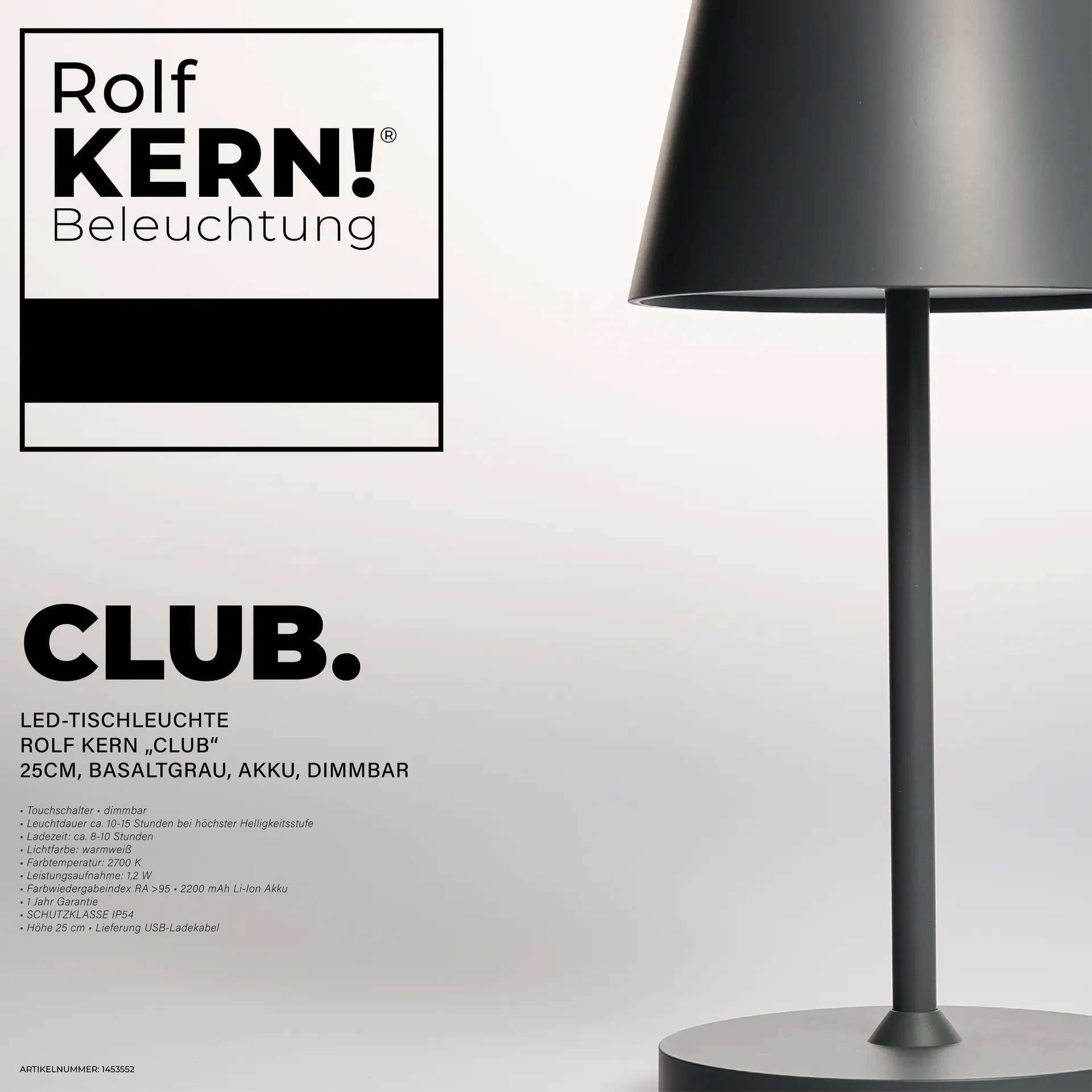 LED-Tischleuchte ROLF KERN Club Mini 25cm, Basaltgrau, Akku, dimmbar – Bild 2