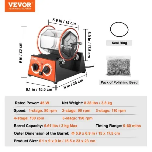 VEVOR Poliertrommel Schmuck-Poliermaschine 3 kg, Rotary Tumbler Oberflächenpolierer 60 W, Schmuck Polieren Dreh-Tumbler Einstellbare Zeit & Drehzahl Polierer Kugelmühle, für Gold, Silber usw. – Bild 6