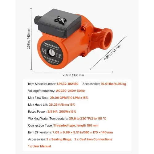VEVOR LPS32-8S/180 Zirkulationspumpe aus Gusseisen, 3/8 PS, 110 LPM, Warmwasserzirkulation, Gewindeanschluss, 3-stufige Geschwindigkeitseinstellung, leiser Betrieb, für Heizungsanlagen zu Hause, Ein- und Auslassanschlüsse beide 2 Zoll – Bild 6