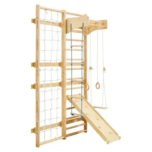 VEVOR schwedische Leiterwand 8 in 1 12-stufiges Kletterspielzeug aus Massivholz 100 kg belastbares Indoor-Klettergerüst mit Kletterbrett Turnringen Klimmzugstange Wandleiter Rutsche Schaukel – Bild 9