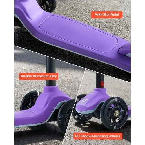 VEVOR Scooter (3 Räder) ab 3 Jahren, Cityroller Kinderroller mit leuchtenden Rädern & höhenverstellbarem Lenker & rutschfestem Deck & leichtem Aluminiumrahmen, Tretroller bis zu 75 kg, Lila – Bild 4