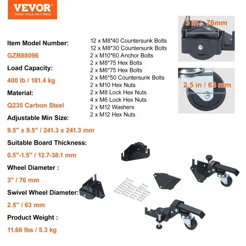 VEVOR Mobiler Sockel, 181,4 kg, Einstellbar von 241,3 x 241,3 mm bis unendlich, Robuster Universal-Mobilständer mit Schwenkrädern für Holzbearbeitungsgeräte, Bandsägen, Elektrowerkzeuge, Maschinen – Bild 6