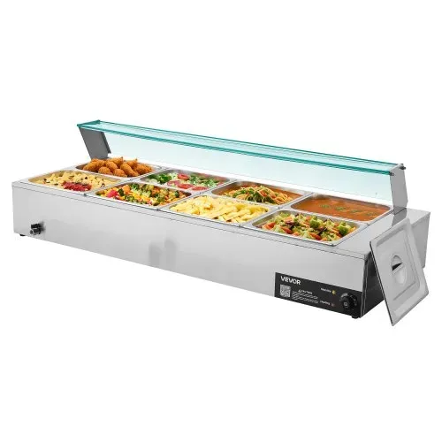VEVOR kommerzieller Speisenwärmer (8 x 1/2 Größe Behälter), 1,7 kW elektrischer Wärmebehälter aus Edelstahl mit Glasabdeckung & Suppenkelle, Chafing Dishes für Catering Restaurant Party – Bild 8