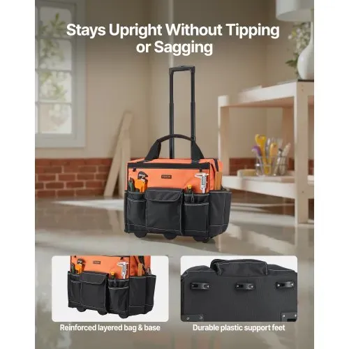 VEVOR Werkzeugtasche mit Rollen, 50 kg Tragkraft, 27 Taschen, Arbeitsrucksack mit verstellbarer Teleskopgriff & stabiler Standfuß, Werkzeugtaschen-Organizer für Bau, Mechanik, 510x310x450 mm – Bild 4