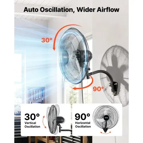 VEVOR 65W Industrieller Wandventilator 57 cm, 6 m/s Oszillierender Wandlüfter mit 3 Stufen & Verstellbarem Neigungswinkel, Gewerblicher Industrieventilator für Werkstatt Garage Lager Gym, Schwarz – Bild 2