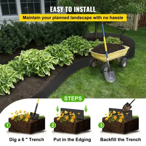 VEVOR Landschaftseinfassung, 25,4 cm Tiefe, 91,4 m Gesamtlänge, recyceltes HDPE-Terrassenbrett, flexible Biegekante für Landschaftsbau, Rasen, Garten, Hof, gegen eindringendes Unkraut, Schwarz – Bild 5