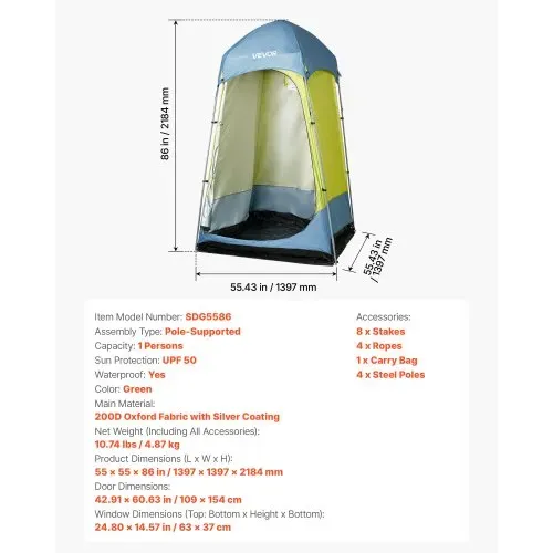 VEVOR Duschzelt mit 1 Raum, Toilettenzelt (1397x1397x2184 mm) Umkleidezelt inkl. Heringen & Seilen & Tragetasche & Stahlstange, aus 200D Oxford-Gewebe für Camping Strand Angeln Grün – Bild 6