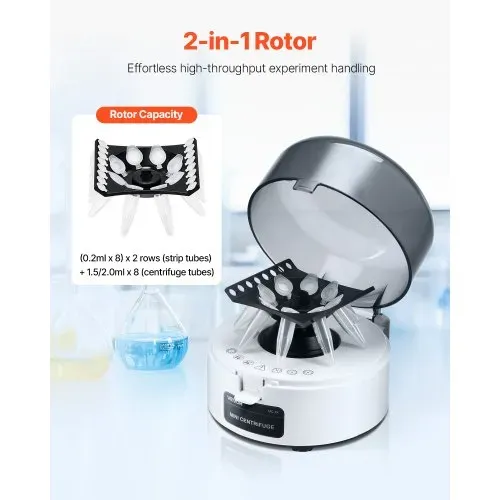 VEVOR Mini-Zentrifugenmaschine 3013 xg RCF elektrische Laborzentrifugenmaschine mit 2 in 1 Rotor für 0,2/1,5/2 ml Röhrchenkapazität, feste Drehzahl 7000 U/min, geräuscharm für Laborexperimenten VEVOR Mini-Zentrifugenmaschine 3013 xg RCF elektrische Laborzentrifugenmaschine mit 2 in 1 Rotor für 0,2/1,5/2 ml Röhrchenkapazität, feste Drehzahl 7000 U/min, geräuscharm für Laborexperimenten