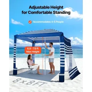 VEVOR Strand-Cabana, 2,4 x 2,4 m Strandüberdachung mit Seitenwand, UPF 50+ Sonnenschutz, Cabana mit Sandsäcken, höhenverstellbarer & tragbarer Sonnenschutz für Familie, marineblaue Streifen VEVOR Strand-Cabana, 2,4 x 2,4 m Strandüberdachung mit Seitenwand, UPF 50+ Sonnenschutz, Cabana mit Sandsäcken, höhenverstellbarer & tragbarer Sonnenschutz für Familie, marineblaue Streifen