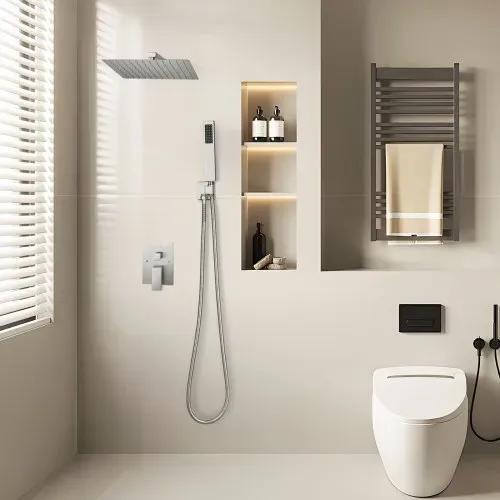 VEVOR Duscharmatur Regenduschsystem fürs Badezimmer Duschsystem mit 254 mm quadratischen Regenduschkopf & Handbrause, wandmontierte Badezimmerarmaturen mit Messingventil & Zierset, gebürstetes Nickel – Bild 7