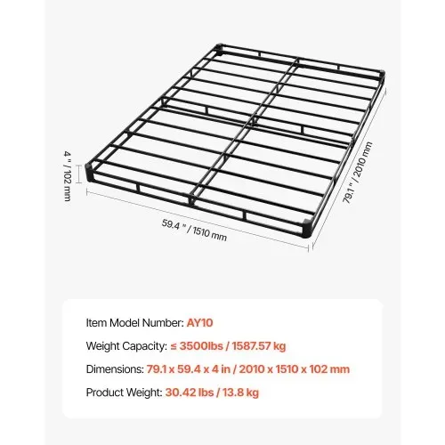 VEVOR Boxspringbettgestell (Queen-Size) mit Waschbarem Stoffbezug, Metallrahmen (2010 x 1510 x 102 mm) für Queensize-Betten, 102 mm Matratzenauflage, Max. Belastbarkeit 1587,57 kg, Matratzenfundament – Bild 6