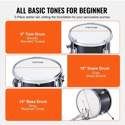 VEVOR Schlagzeugset, 3-teilig, Drum-Set mit verstellbarem Thron-Becken-Pedal, zwei Paar Drumsticks, ca. 20 cm Tom Drum, ca. 25 cm Snare Drum, ca. 36 cm Bass Drum, Schlagzeugset für Kinder, schwarz – Bild 2