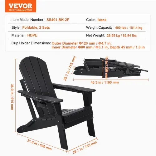 VEVOR Adirondack-Stuhl aus Kunststoff, 2er-Set, wetterfest, tragbar, klappbar, Feuerstellenstuhl, Adirondack-Terrassenstuhl für den Außenbereich mit Getränkehalter, mit entspannender Armlehne, ergonomisch, für Garten, Hinterhof – Schwarz – Bild 6