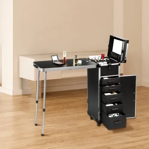 VEVOR Professioneller Make-up-Koffer aus Aluminium, Kosmetikkoffer, Werkbank mit Stützbeinen, Roll-Make-up-Koffer, extragroßer Trolley, Make-up-Reise-Organizer, mit 360° drehbaren Rädern, schwarz – Bild 7