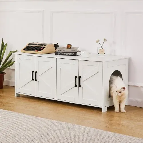 VEVOR Katzentoilettengehäuse für 2 Katzen, Katzentoilettenmöbel versteckt mit Doppelzimmern, Katzentoilettenschrank aus Holz passt in die meisten Katzentoiletten, 119,4 cm L x 47,5 cm B x 50 cm H, weiß – Bild 7
