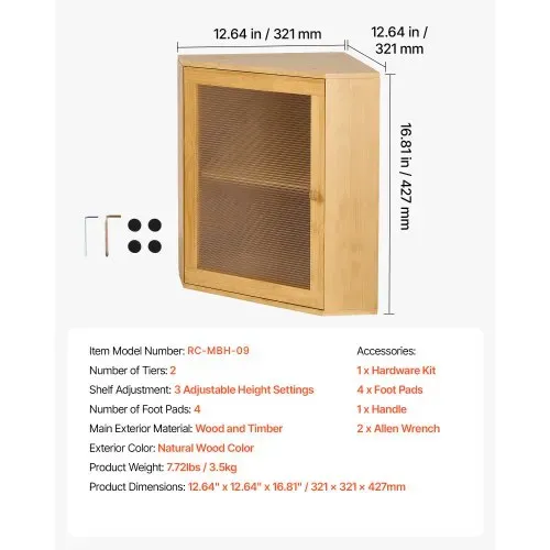 VEVOR Eck-Brotkasten 2 Ebenen Acrylfenster Brotbox 321x321x427mm Bambusholz Ideal für Bagels, Muffins & Selbstgebackenes Brot, Magnetverschluss & 3-Stufig Höhenverstellbarer Einlegeboden, Belüftet – Bild 6