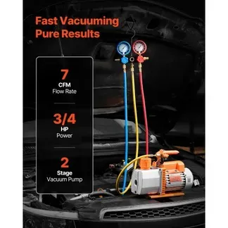 VEVOR Vakuumpumpe mit Manometer, 7 CFM 198 L/min, 2-stufige Drehschieber-Unterdruckpumpe, 550 W Vacuum Pump Kit für R134a, R22 & R410a, mit Lecksucher-Tragetasche, für Kfz-Klimaanlagen VEVOR Vakuumpumpe mit Manometer, 7 CFM 198 L/min, 2-stufige Drehschieber-Unterdruckpumpe, 550 W Vacuum Pump Kit für R134a, R22 & R410a, mit Lecksucher-Tragetasche, für Kfz-Klimaanlagen