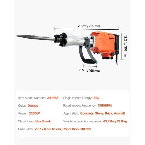 VEVOR Hochleistungs-Betonbrecher Abbruchhammer 2200 W, 1-1/8 Zoll / 28,6 mm Elektroabbruchhammer, Bohrhammer Betonhammer Stemmhammer 1400 BPM, inkl. Spitzmeißel, Flachmeißel, für Schiefer, Beton usw. – Bild 6