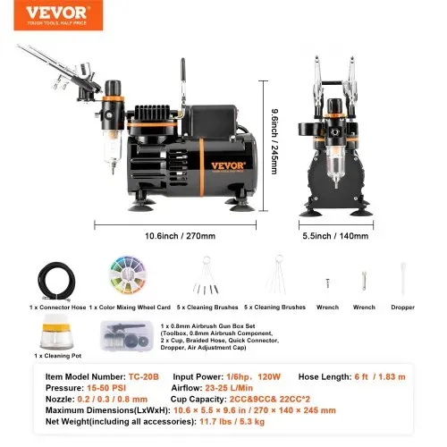 VEVOR Airbrush-Set, Luftkompressor mit Doppellüfter, professionelles Airbrush-System-Set mit 3 Airbrushes, Halter, Farbmischrad, Reinigungsbürsten-Set, Airbrush-Set für Kunst, Nägel, Kekse, Make-up, K – Bild 6