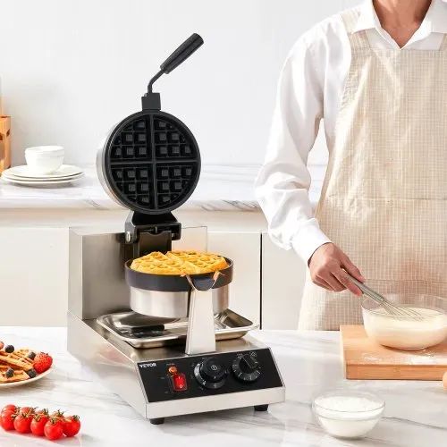 VEVOR Rundes Waffeleisen Waffel 1300 W, Kontaktgrill Belgische Waffeleisen 4 Stk. Edelstahl Waffeln Automat inkl. Lebensmittelclip & Bürsten & Verbrühungssicherer Griff, für Cafés, Restaurant usw. – Bild 7