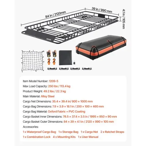 VEVOR Dachträgerkorb 2120 x 990 x 105 mm mit Gepäcktasche, für Gepäck Sport- und Campingausrüstung, 113,4 kg Tragkraft, mit Zahlenschloss, Gepäcknetz, Ratschengurten und 4 U-Bügeln – Bild 6