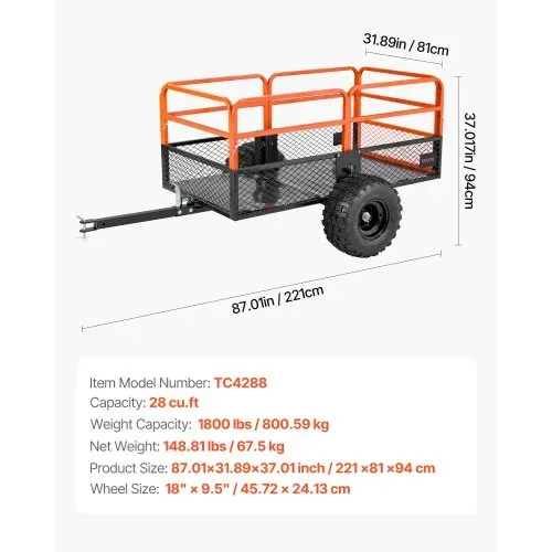 VEVOR Kippanhänger, 800,59 kg, ATV-UTV-Anhänger aus Stahl zum Hinterherziehen, Kipper mit abnehmbarer Rückwand, Gartenanhänger zum Hinterherziehen für Rasenmäher, Traktoren und Gartenabfälle – Bild 6