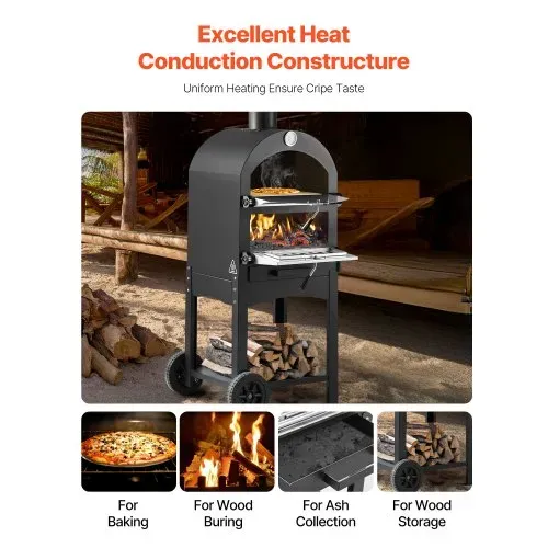VEVOR Pizzaofen 12 Zoll Pelletöfen, 2-lagiger Pizzaofen mit Holzfeuerung, Holzbefeuerter Ofen Outdoor mit 2 abnehmbaren Rädern, Pizzamaker mit Höchsttemperatur von 540 °C zum Grillen – Bild 2