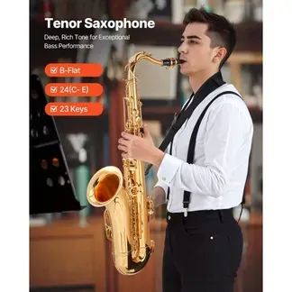 VEVOR Tenorsaxophon, B-Dur, Messingsaxophon-Anfängerset mit Tragetasche, Mundstück, Gurten, Reinigungstuch, Handschuhen, Umhängeband, 23-Tasten-Tenorsaxophon-Set, für Anfänger & Schüler, Gold VEVOR Tenorsaxophon, B-Dur, Messingsaxophon-Anfängerset mit Tragetasche, Mundstück, Gurten, Reinigungstuch, Handschuhen, Umhängeband, 23-Tasten-Tenorsaxophon-Set, für Anfänger & Schüler, Gold