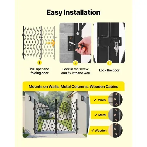 VEVOR Sicherheitstor abschließbar, doppelt klappbares Scherentor mit 360°-Lenkrollen, einziehbare Stahltore Outdoor, für Eingangssicherheit Garage Lager, Falttor 3200 x 1605 mm (B x H) Schwarz – Bild 4