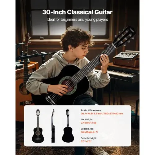VEVOR Konzertgitarre, 780 mm, Holz-Klassikgitarren-Starter-Set für Anfänger, mit Nylonsaiten, Gigbag, Gurt, Stimmgerät, zusätzlichen Saiten, Plektren, Kapodaster, Linde, für Einsteiger, Schwarz – Bild 5